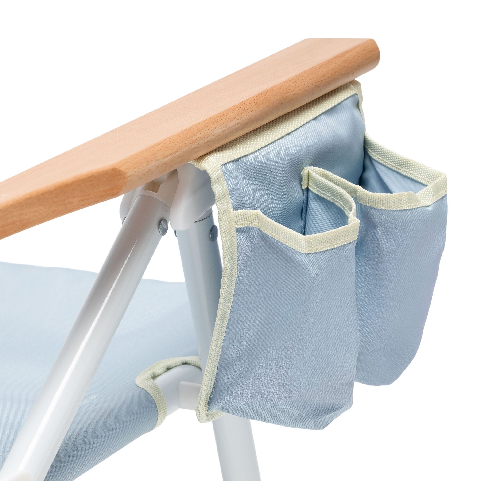 silla de playa con mangos de madera y bolsillos laterales