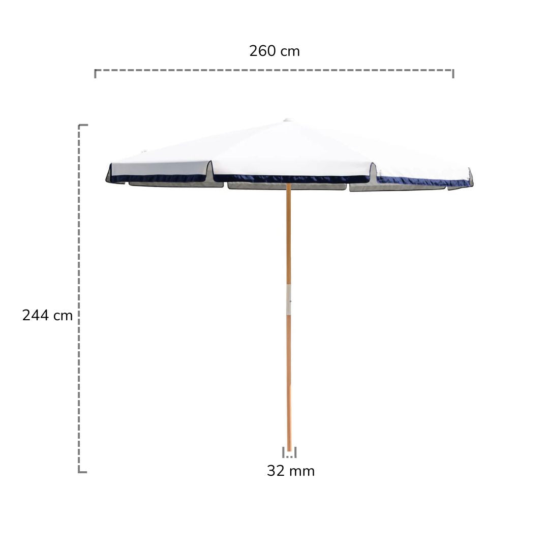 quitasol de terraza crema con borde azul