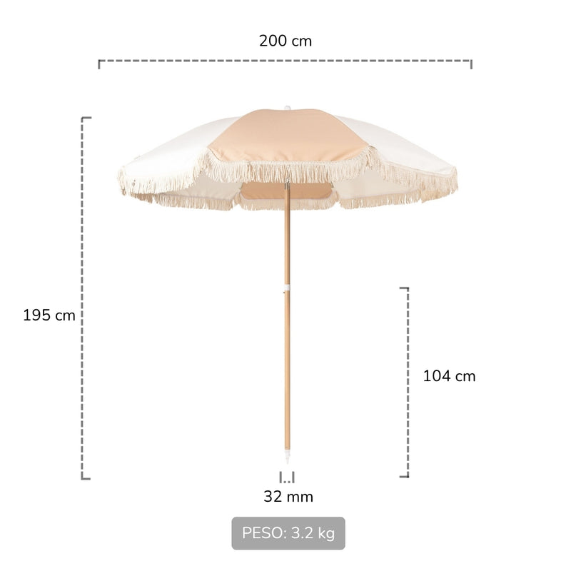quitasol de playa beige con flecos medidas