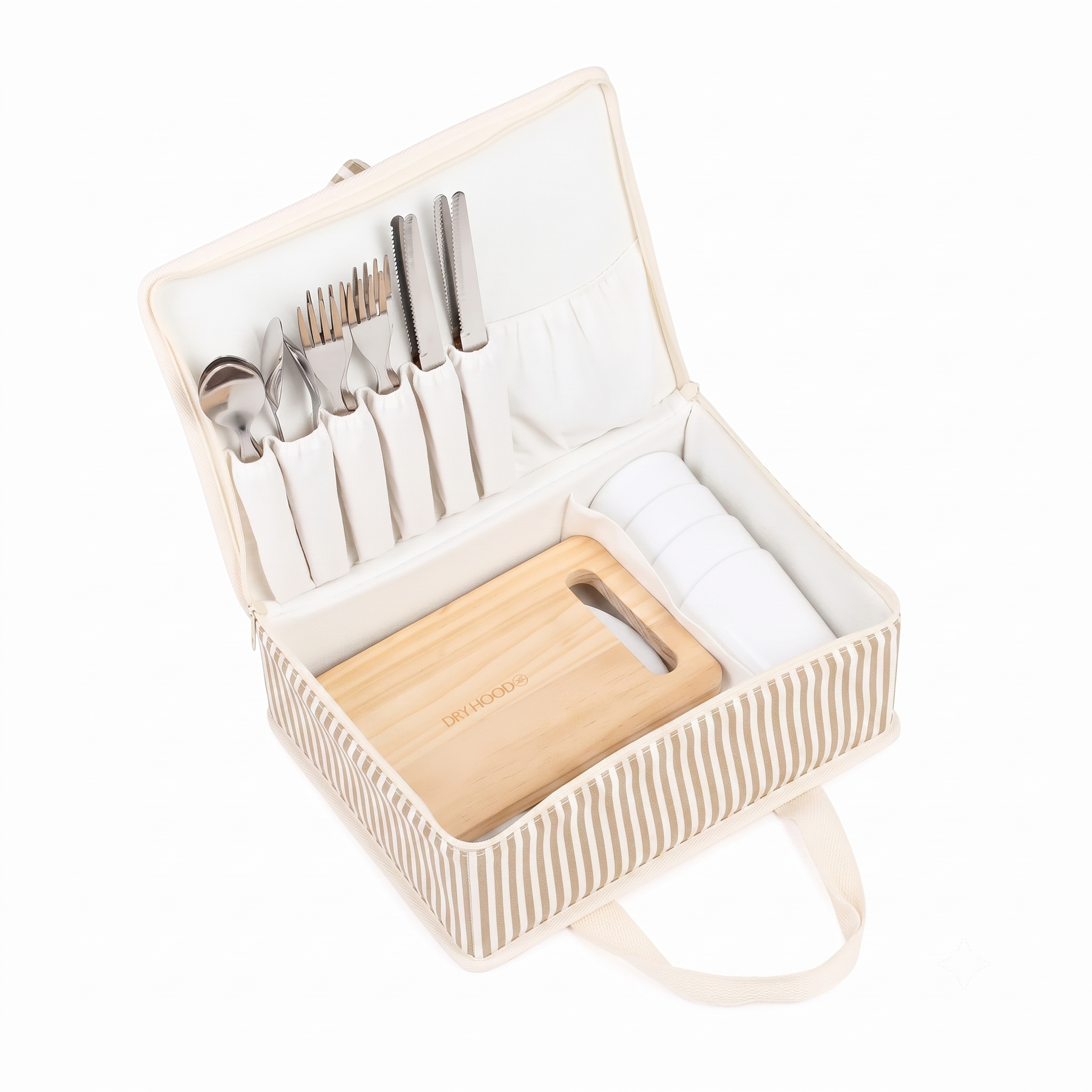 set de picnic beige para 4 personas con tabla y destapador